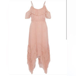 LOVE Sam MIDI DRESS PALE PINK Dot Floral Asymmetrical Ruffle Hem Semi Sheer